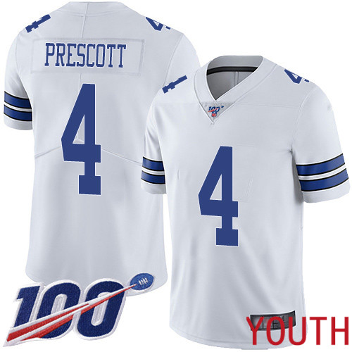 Youth Dallas Cowboys Limited White Dak Prescott Road #4 100th Season Vapor Untouchable NFL Jersey->youth nfl jersey->Youth Jersey